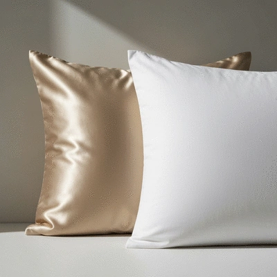 Three pillowcases, silk, satin, and cotton, clearly displaying their different textures