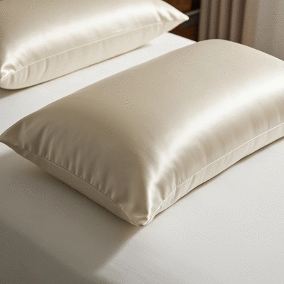 Luxurious silk pillowcase on a bed, soft lighting, indicating smooth texture and comfort