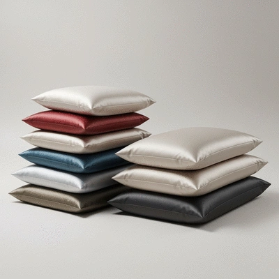 Various silk pillowcases in different colors and textures, neatly folded and stacked on a clean surface, emphasizing luxury and choice, no text, no words, no typography, 8K