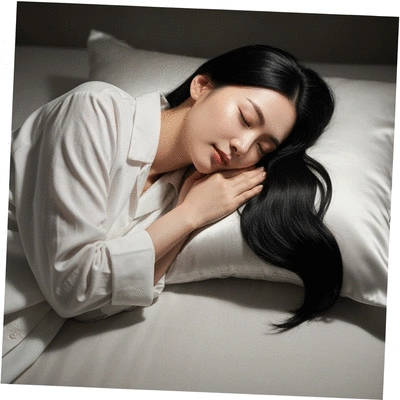 Woman enjoying restful sleep on a mulberry silk pillowcase, soft lighting, serene atmosphere