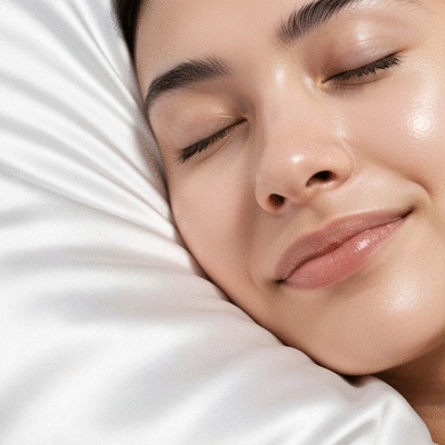 Close-up of a person's face resting on a smooth silk pillowcase, showing clear, hydrated skin with no creases, natural lighting, soft focus, no text, no words, no typography, no labels, clean image