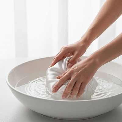 Hands gently washing a silk pillowcase in a basin of water, soft lighting, no text, no words, no typography, 8K