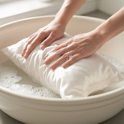 Close-up on hands gently handwashing a silk pillowcase in a basin