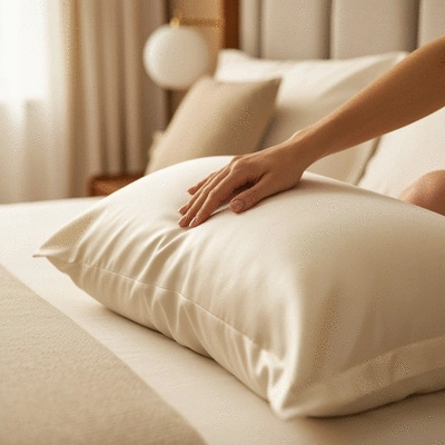 Close-up of a luxurious silk pillowcase on a bed, with a woman's hand gently touching it, soft lighting, no text, no words, no typography, 8K