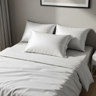 Luxurious white silk pillowcase on a bed in a minimalist bedroom setting, natural light, no text, no words, no typography, 8K