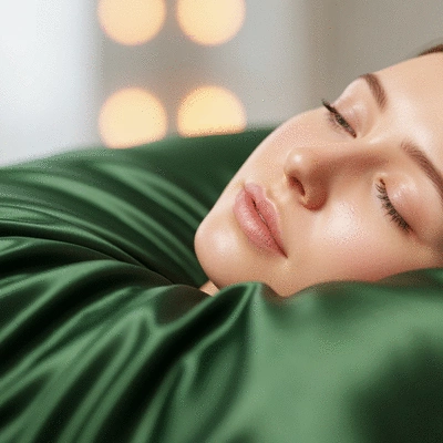 Close-up of a person's face resting on a silk pillowcase, with soft, glowing skin, illustrating hydration and wrinkle reduction