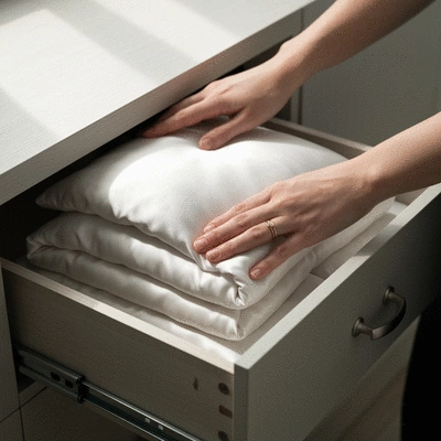 Close-up of hands gently folding silk pillowcases into a storage drawer, soft focus, no text, no words, no typography, 8K