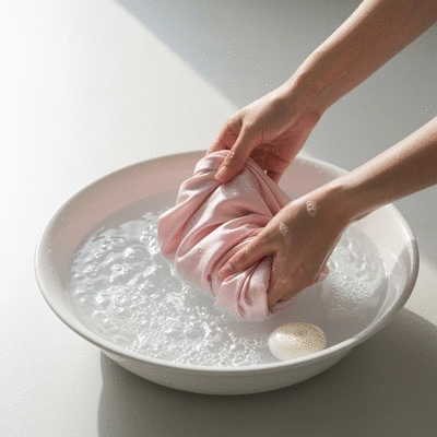 Hands gently hand washing a silk pillowcase in a basin with cool water and delicate soap, soft clean environment, no text, no words, no typography, clean image, 8K
