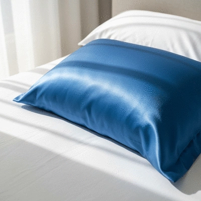Luxurious silk pillowcase on a bed, smooth and shiny, with soft lighting, no text, no words, no typography, clean image, 8K
