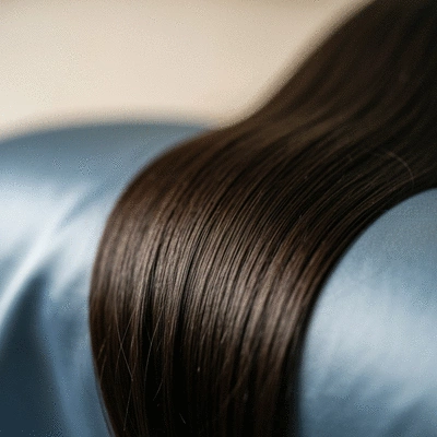 Close-up of smooth, shiny hair resting on a silk pillowcase, illustrating reduced frizz and breakage, soft lighting, no text, no words, no typography, no labels, clean image