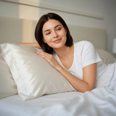 Woman with radiant skin waking up refreshed from sleeping on a silk pillowcase