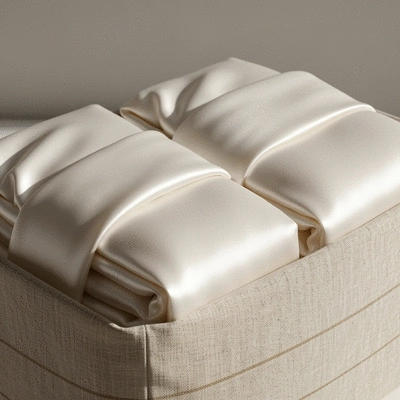 Luxurious silk pillowcases folded neatly in a breathable storage bag, soft lighting, no text, no words, no typography, 8K